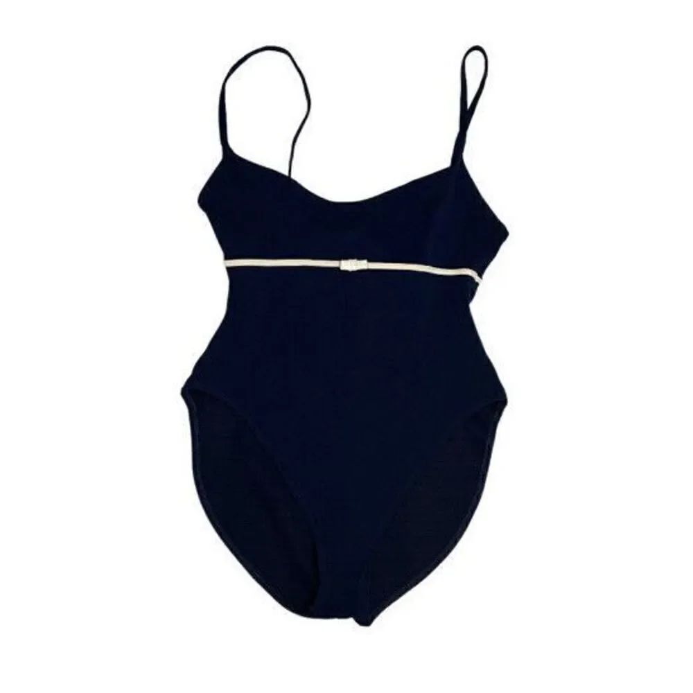 Vintage Oscar De La Renta One Piece Swim Bathing Suit Navy High Cut Size 12